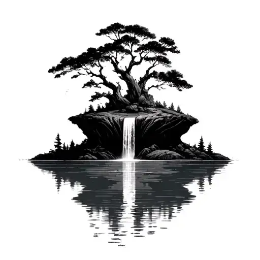 Floating Island, waterfall into lake, dark, simple, shadow tattoo design idea