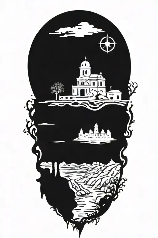 tattoo featuring greek landscape, compass, globe tattoo design idea