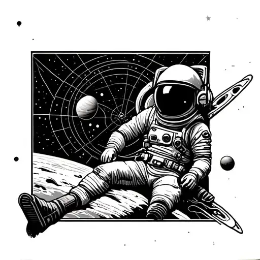 astronaut floating in space, sacred geometry, planets tattoo design idea
