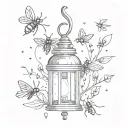 a lamp with fireflies around it  tattoo design idea