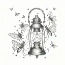 a lamp with fireflies around it  tattoo design idea