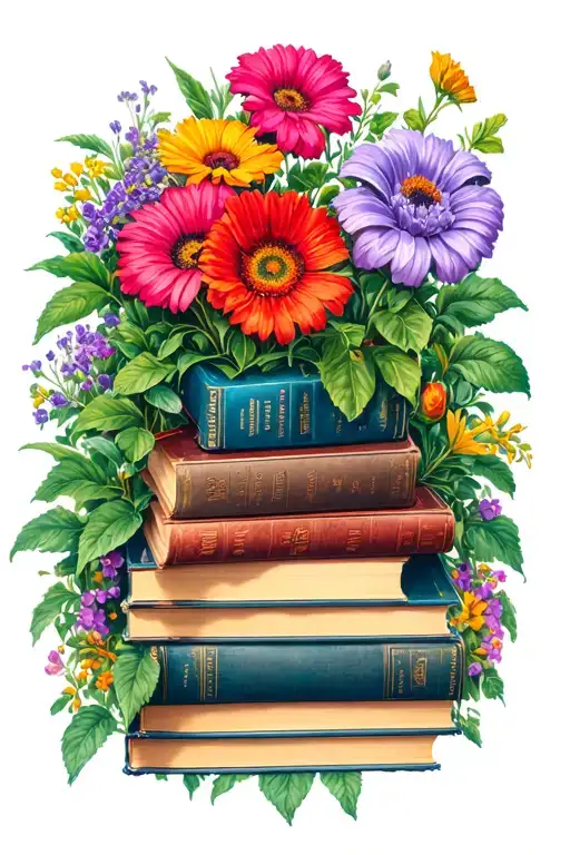 Stephen king flower garden scene with books tattoo design idea
