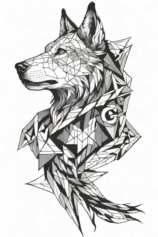 Geometric half wolf half goat face tattoo with shadows tattoo design idea