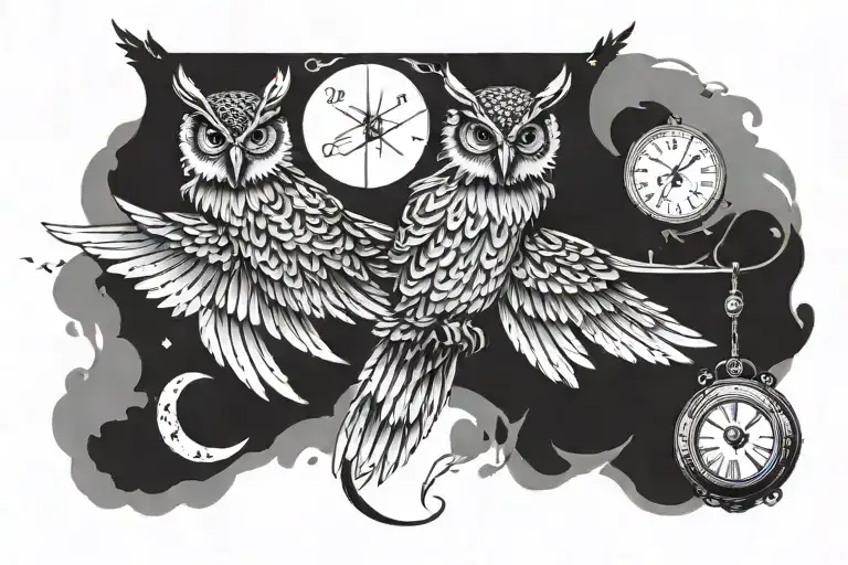A flying owl holding a time-turner in its talons tattoo design idea
