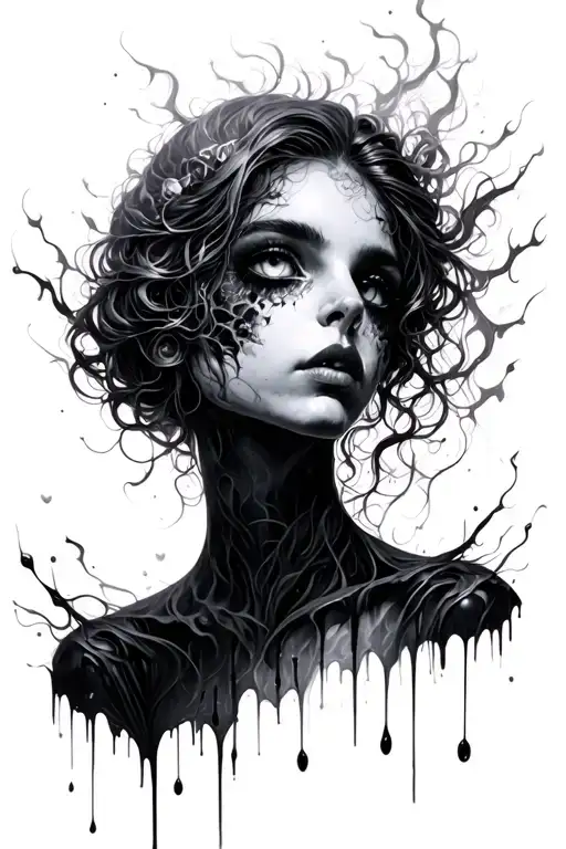 Ultra-detailed black and grey tattoo of a surreal female face with hollow eyes, dissolving into dripping shadows. tattoo design idea