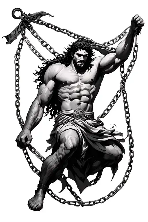 Samson breaking free from chains tattoo design idea