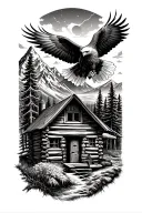 nature scene with log cabin up on a mountain with a bald eagle soaring in the sky with a acoustic guitar tattoo design idea