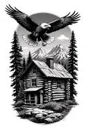 nature scene with log cabin up on a mountain with a bald eagle soaring in the sky with a acoustic guitar tattoo design idea