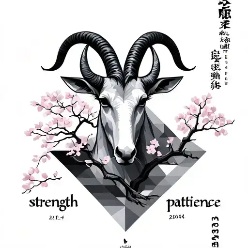 capricorn in the geometric style with sakura tree and my date 26.12.2004 and wiht strenght and patience in japan word  tattoo design idea