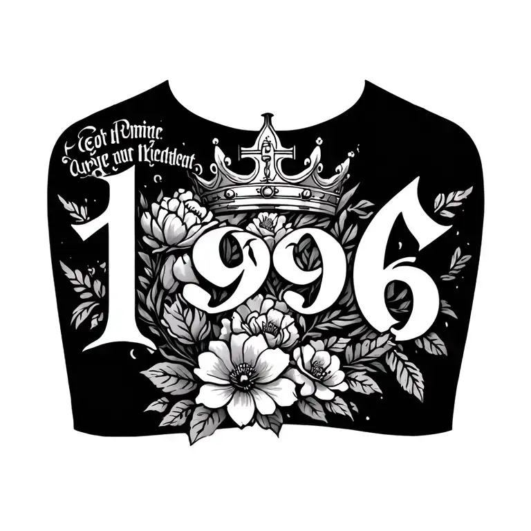 quote left of chest, crown right of chest and 1996 middle of chest intertwined with flowers and cross tattoo design idea
