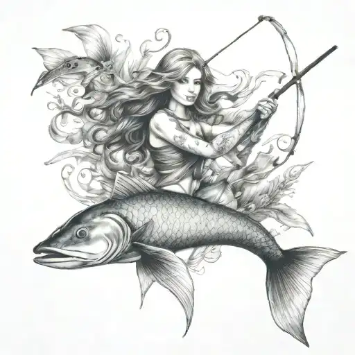 mermaid and fishing and hunting tattoo design idea