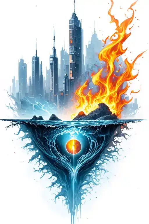 A unique design combining the four elements (earth, water, fire, air) into a urbanised yet not futuristic environment tattoo design idea