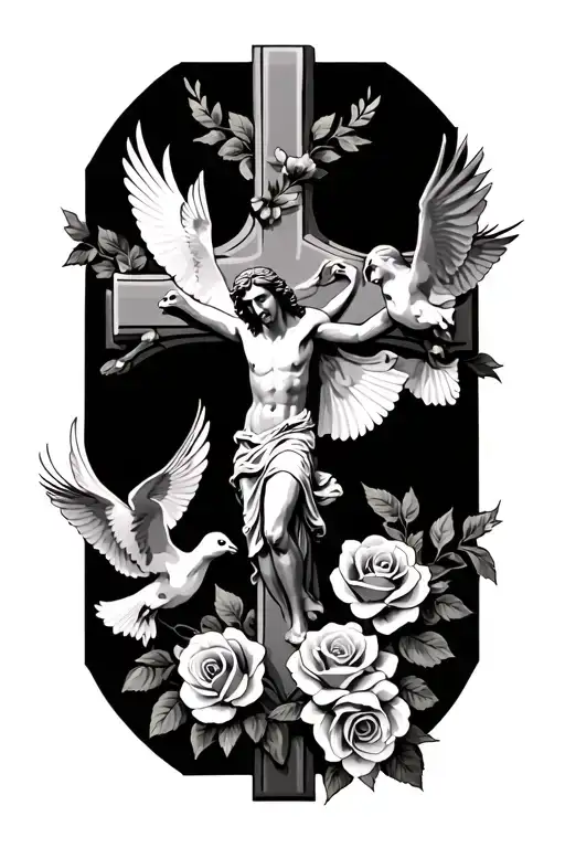a cross with roses and doves flying with Jesus on the side  tattoo design idea