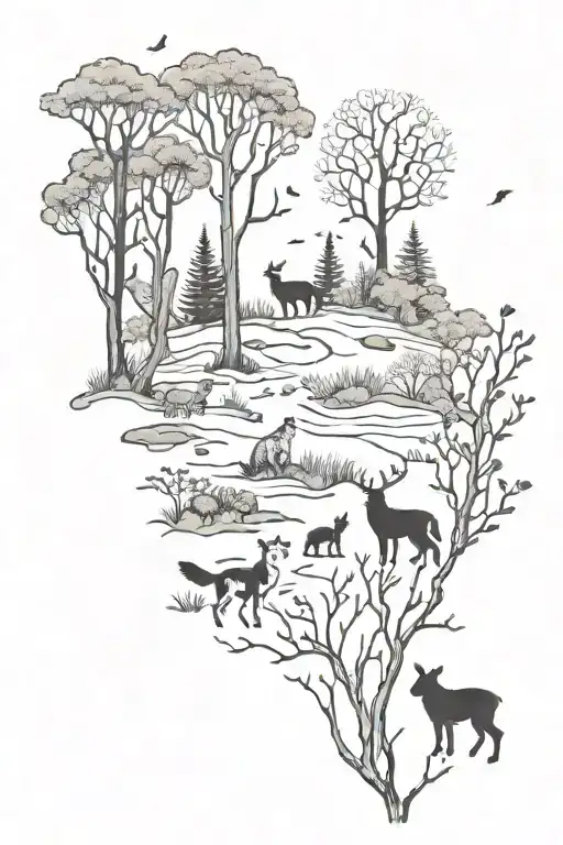 woodland scene with animals and greenery, witchy  tattoo design idea