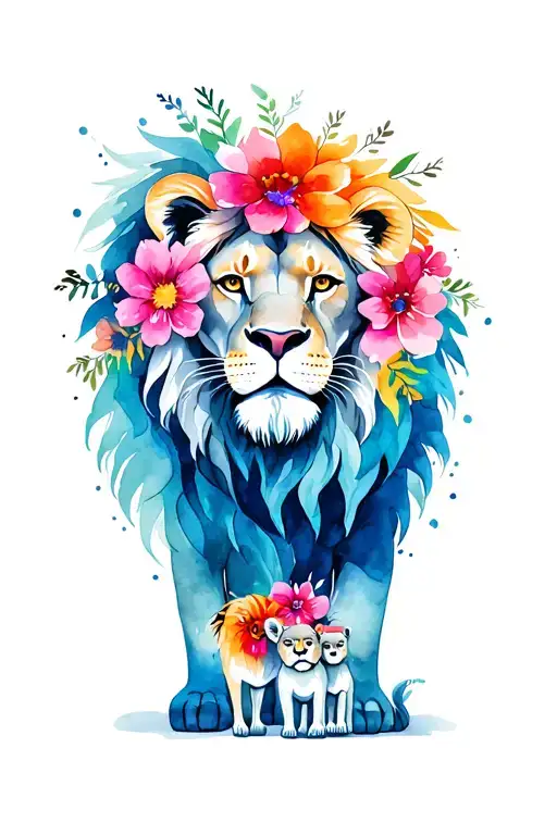 lion family mom, dad, 2 kids with bright flowers intertwined realistic  tattoo design idea