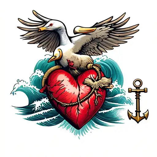 Albatros, Heart with key, waves, anchor tattoo design idea
