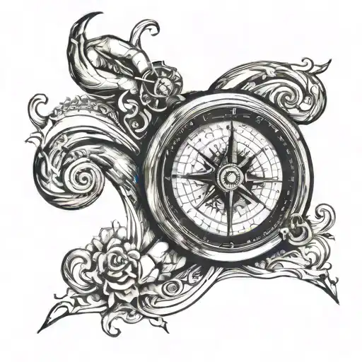 Shoulder area: The hand of God is drawn in a large area, reaching for an antique compass, which is in the middle of a swirl tattoo design idea