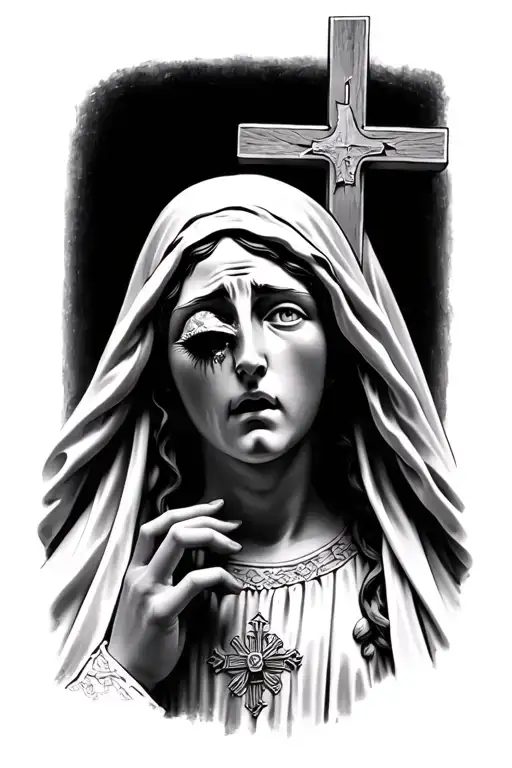 virgin marry looking up, holding a cross, crying out of one eye  tattoo design idea