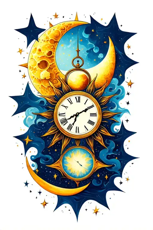 Clock on 3:00 with the Sun, moon and stars around it tattoo design idea