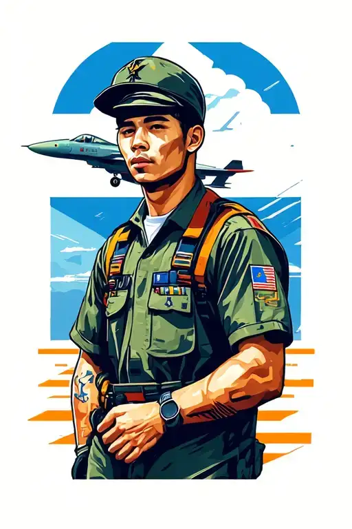 Philippine Airforce Aircraft Mechanic with jet fighter in the background tattoo design idea