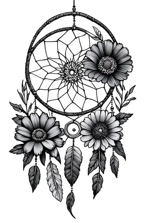 marigold and cosmos flowers dream catcher entangled tattoo design idea