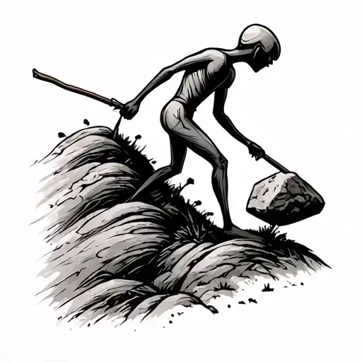 A stickman pushing a stone up a hill. this is supposed to be placed in the ankle, where the stone shall be the bone.  tattoo design idea