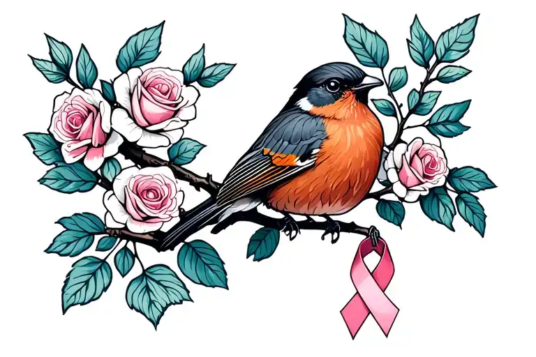 Colored Robin sitting on branch with roses around it with a cancer ribbon hanging on the branch tattoo design idea