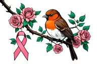 Colored Robin sitting on branch with roses around it with a cancer ribbon hanging on the branch tattoo design idea