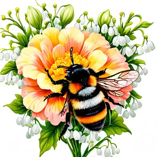 lily of the valley and marigold and carnation flowers intertwined with a bumble bee tattoo design idea