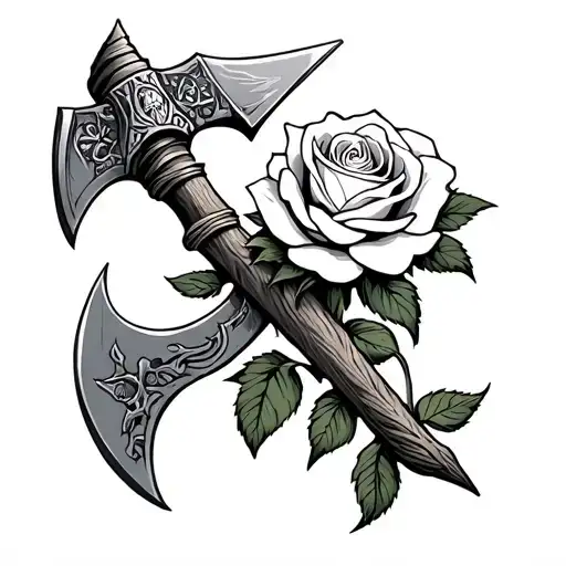viking axe & climind white rose on it tattoo design idea