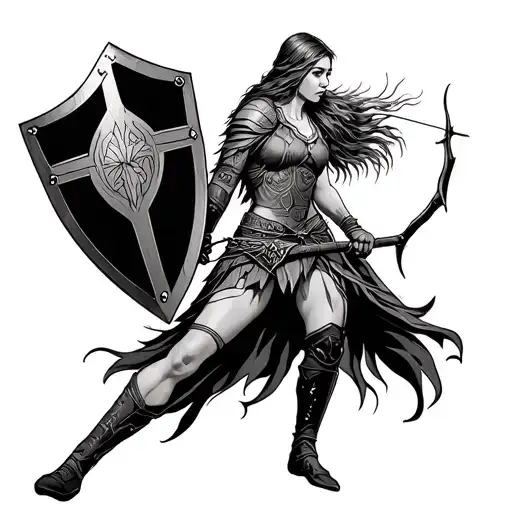 shield maiden holding bow hunting scene tattoo design idea