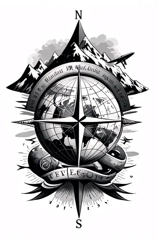 tattoo design white and black featuring compass, mountain, earth globe, world map, and airplane elements symbolizes a pa tattoo design idea