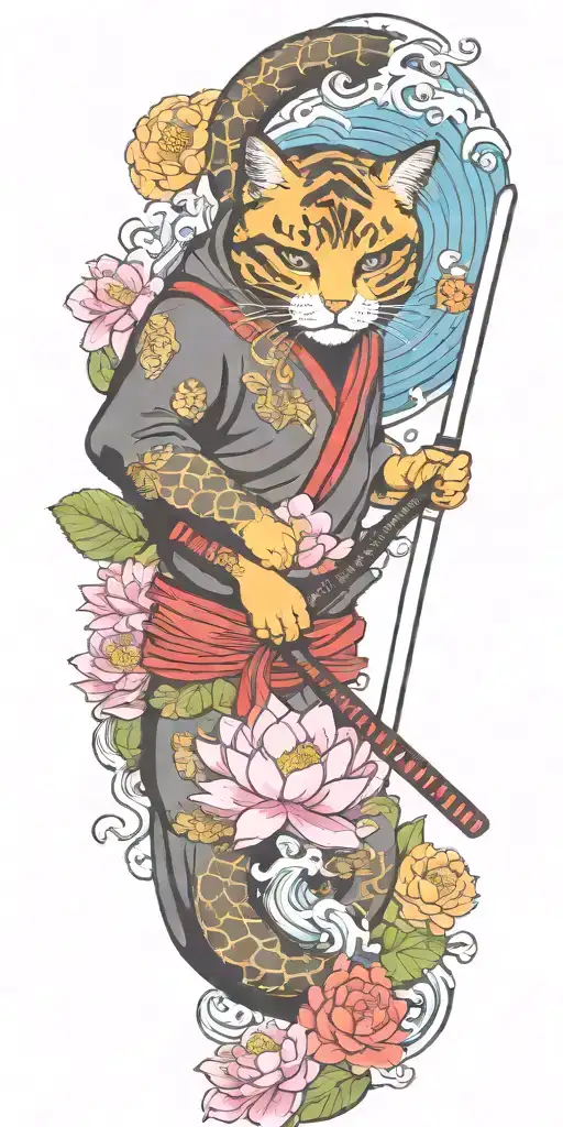 ninja cat holding katana, tail, water, waves, lotus, sakura, clouds, whirlpool, leaves, peony, sea, sunrise tattoo design idea