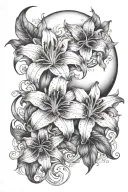 lilies and violets with moon and sun tattoo design idea