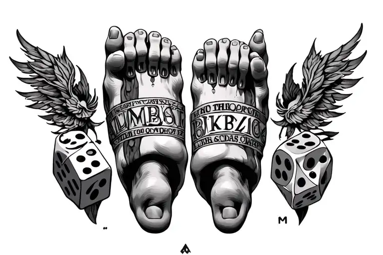 Two tattoos on the feet from the bars to the dice on the front side, narrow vertizes as a tape. Baltic characters. M tattoo design idea
