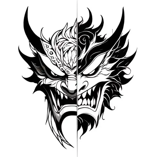 oni mask split in half tattoo design idea