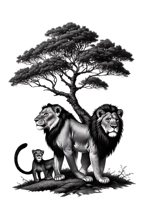 lion, cubs + tree tattoo design idea