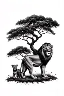 lion, cubs + tree tattoo design idea