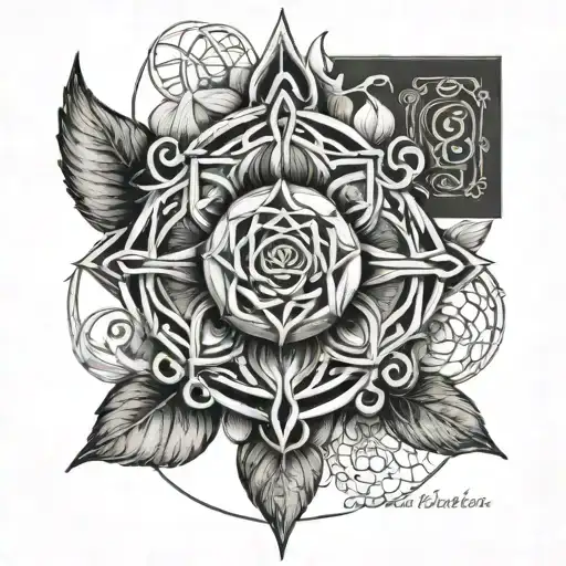 a Clementine blossom intertwined by Irish Celtic knot, deathly hallows symbol, with CLHH in typewriter font  tattoo design idea