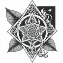 a Clementine blossom intertwined by Irish Celtic knot, deathly hallows symbol, with CLHH in typewriter font  tattoo design idea