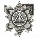 a Clementine blossom intertwined by Irish Celtic knot, deathly hallows symbol, with CLHH in typewriter font  tattoo design idea