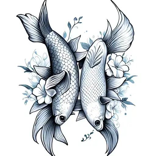 2 koi fish with flowers tattoo design idea