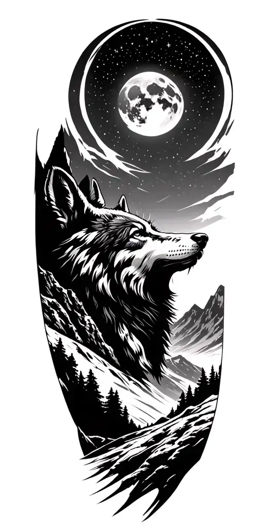 A majestic mountain landscape with a sky full of stars above, incorporating a silhouette of a wolf howling at the moon tattoo design idea