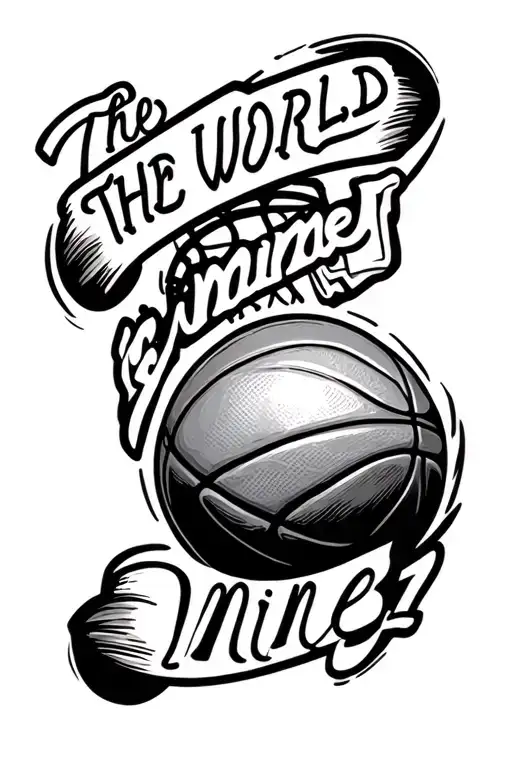 basketball surrounded by the phrase "the world is mine" tattoo design idea