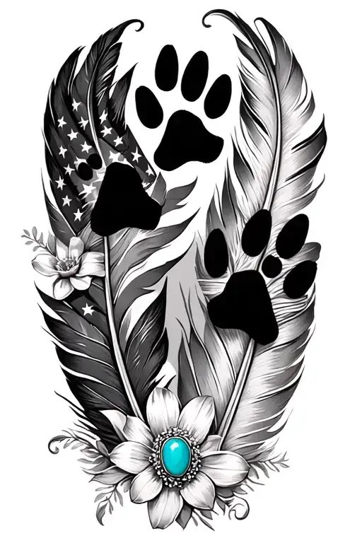 multiple feathers with two dog black paw prints incorporated, american flag,and turquoise western jewelry, flowers tattoo design idea