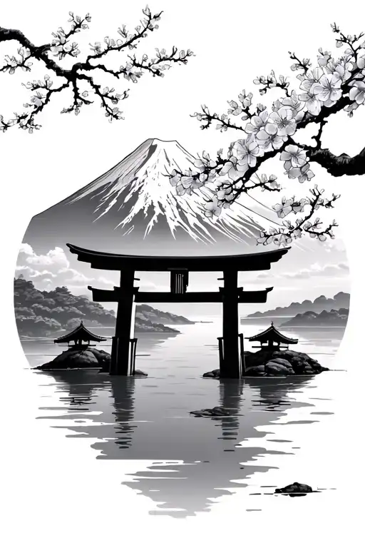 Mount Fuji with torii gate up front river surrounded by cherry blossoms tattoo design idea