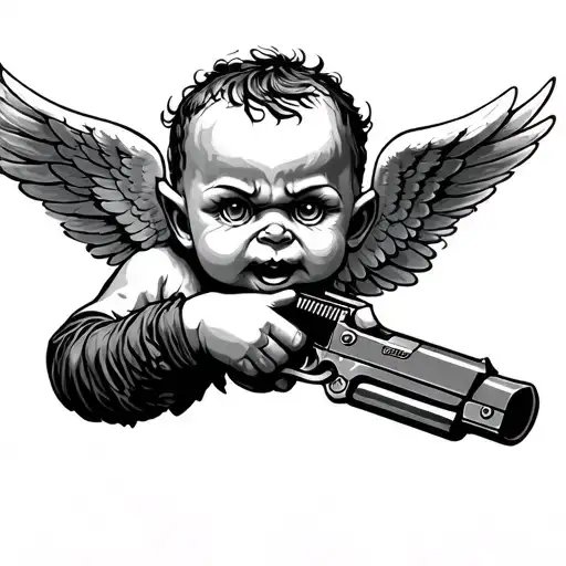 gangster cherub evil angel holding a gun tattoo design idea