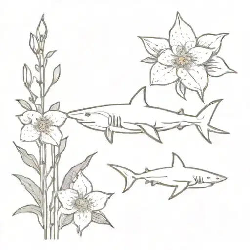 shark, forgetmenot flowers together tattoo design idea