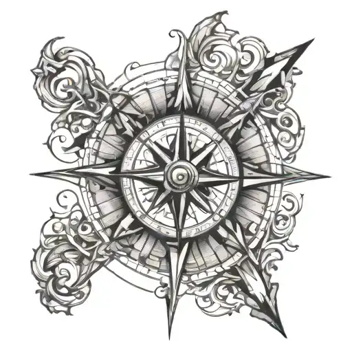 broken wooden compass rose with intricate details tattoo design idea