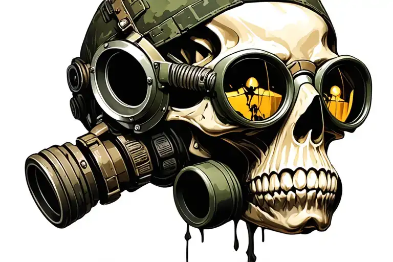 military style, skull wearing a gasmask with a reflection in the gogles of a warzone tattoo design idea
